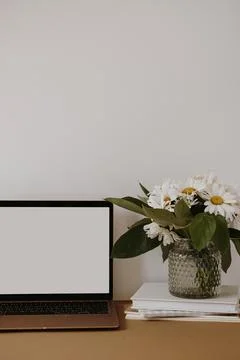 Laptop computer with blank screen on table with chamomile flowers bouquet. Ae Stock Photos