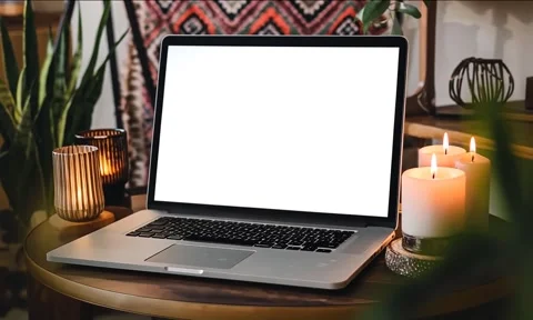 Laptop computer blank white screen on table in cafe background Stock Footage 291176008