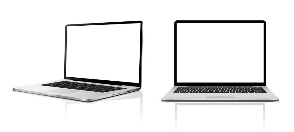 Laptop computer blank white screen on white background with reflection Stock Illustration