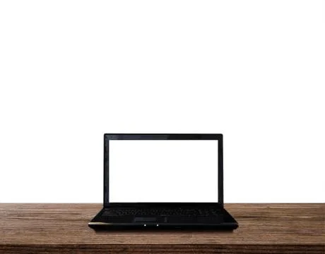 Laptop computer blank white screen, on wood table, isolated on white background Stock Photos
