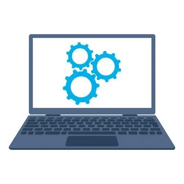 Laptop computer with blue gears on screen isolated on white background Stockillustratie