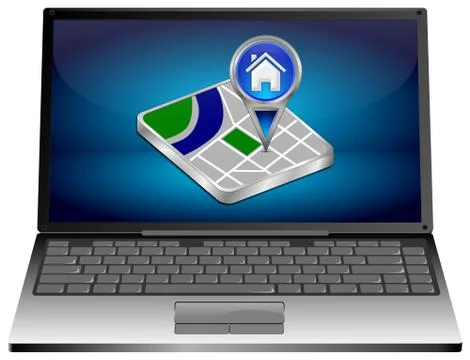 Laptop Computer with blue Home map pointer - 3D illustration Stock Illustration