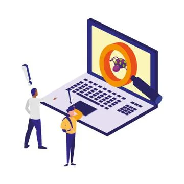 Laptop computer with bug and magnifying glass Illustrazione stock