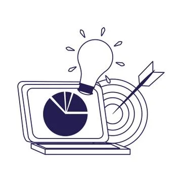 Laptop computer with bulb and target, flat design Stock Illustration
