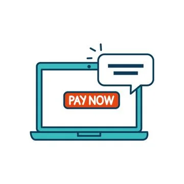 Laptop computer with button pay now and speech bubble Stock Illustration