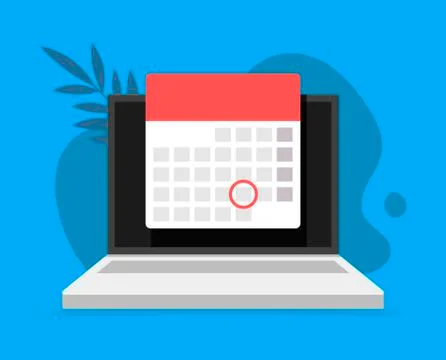 Laptop computer with calendar, on backdrop scribble and leaves. Vector flat i Stock Illustration