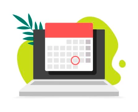 Laptop computer with calendar, on backdrop scribble and leaves. Vector flat i Stock Illustration