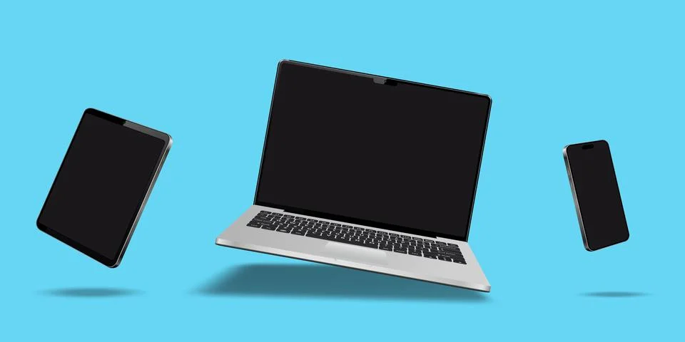 Laptop computer, cellphone and tablet mockup with blank screens. Digital de.. Illustrazione stock