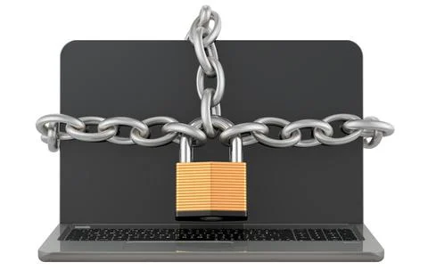 Laptop computer with chain and padlock. Security and protection concept, 3D.. Illustrazione stock