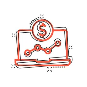 Laptop computer chart icon in comic style. Money diagram cartoon vector illus 스톡 일러스트