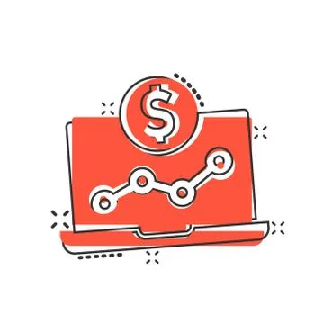 Laptop computer chart icon in comic style. Money diagram cartoon vector illus Stock Illustration