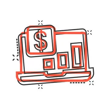 Laptop computer chart icon in comic style. Money diagram cartoon vector illus Stock Illustration