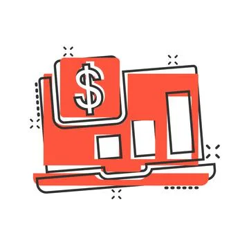 Laptop computer chart icon in comic style. Money diagram cartoon vector illus Stock Illustration