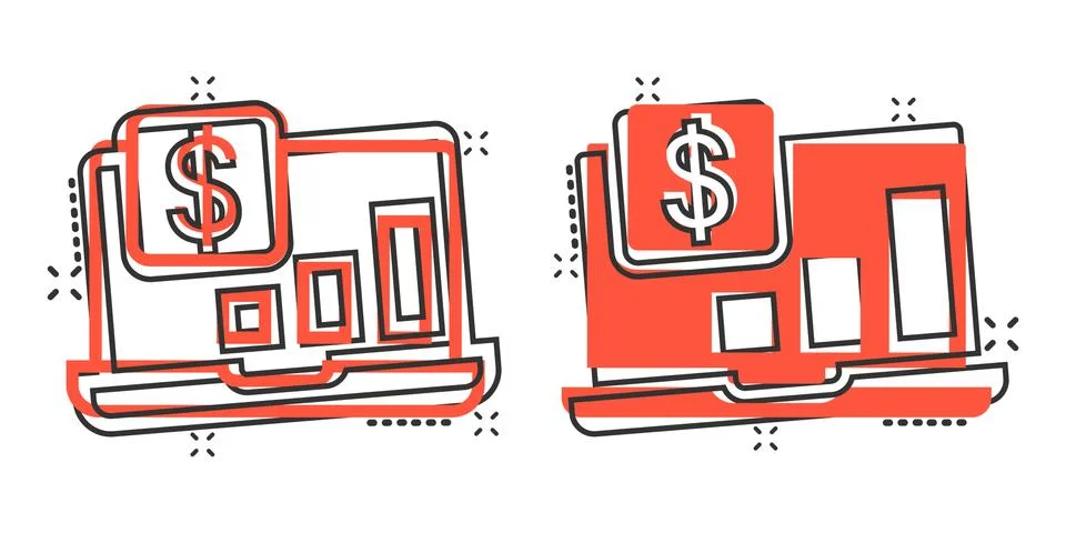 Laptop computer chart icon in comic style. Money diagram cartoon vector illus Stock Illustration