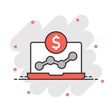Laptop computer chart icon in comic style. Money diagram cartoon vector illus Stock Illustration