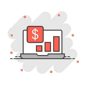 Laptop computer chart icon in comic style. Money diagram cartoon vector illus Stock Illustration