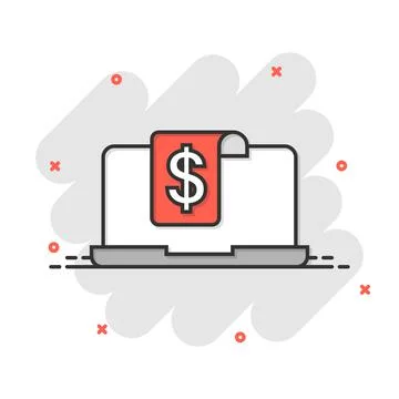 Laptop computer chart icon in comic style. Money diagram cartoon vector illus Stock Illustration