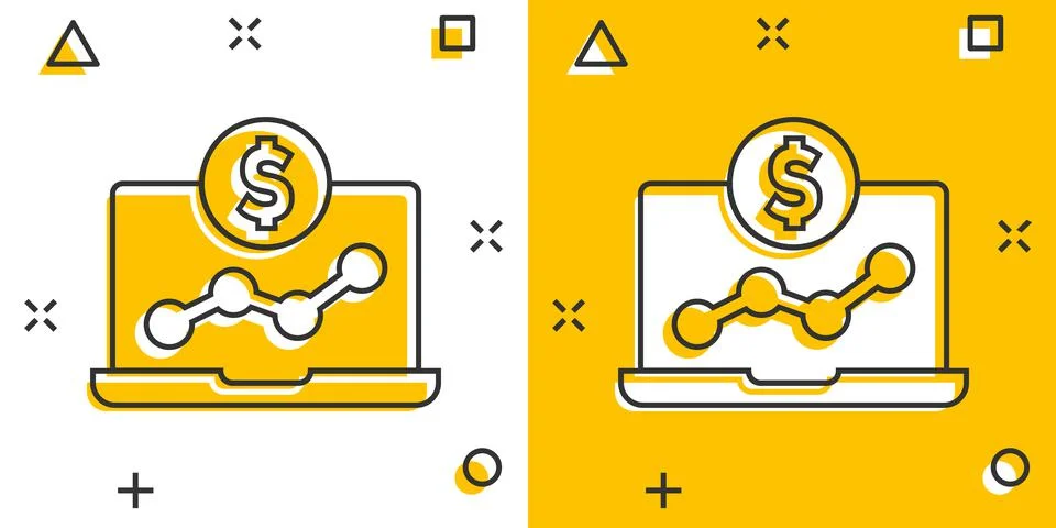 Laptop computer chart icon in comic style. Money diagram cartoon vector illus Stock Illustration