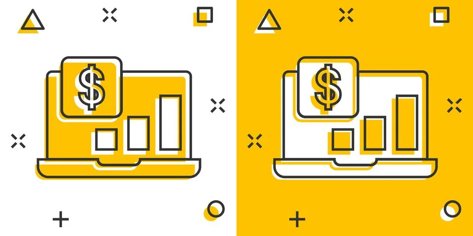 Laptop computer chart icon in comic style. Money diagram cartoon vector illus Stock Illustration