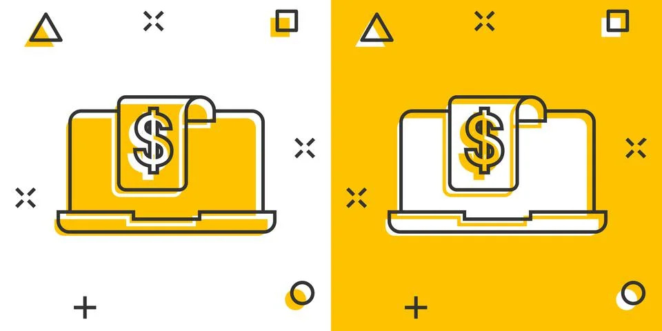 Laptop computer chart icon in comic style. Money diagram cartoon vector illus Stock Illustration