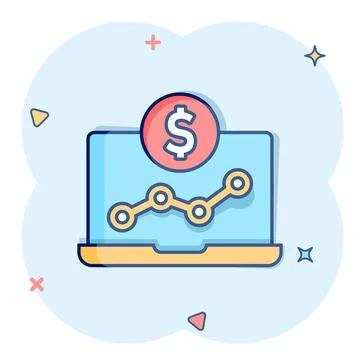 Laptop computer chart icon in comic style. Money diagram cartoon vector illus Stock Illustration