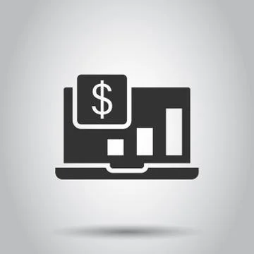 Laptop computer chart icon in flat style. Money diagram vector illustration o Illustrazione stock