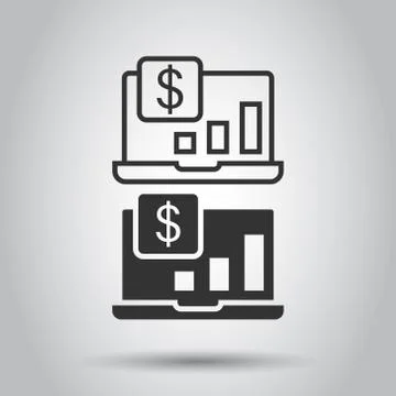 Laptop computer chart icon in flat style. Money diagram vector illustration o Illustrazione stock