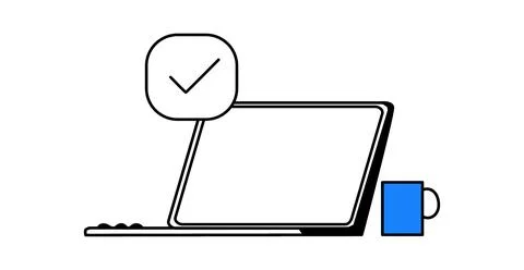 Laptop computer with check mark icon, Completed digital task vector, Approved Stockillustratie