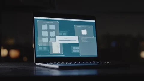 Laptop computer with classified document files uploading or copying to server Stock Footage 311538183
