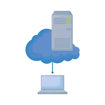 Laptop computer with cloud and tower server 스톡 일러스트