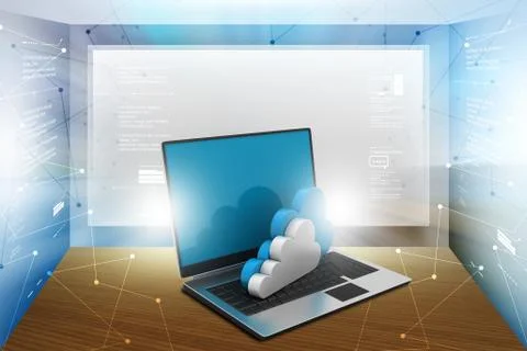 Laptop computer with cloud in color background Illustrazione stock