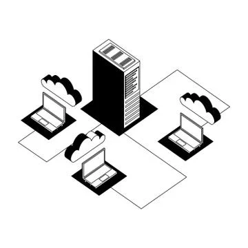 Laptop computer with cloud computing and server isometric Stock Illustration