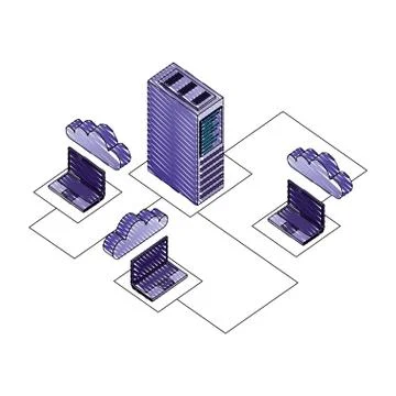 Laptop computer with cloud computing and server isometric Stock Illustration