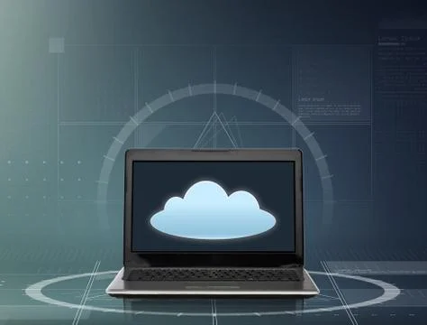 Laptop computer with cloud icon on screen Stock Photos