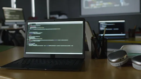 Laptop with Computer Code on Screen at Programming Lesson Stock Footage 278124280