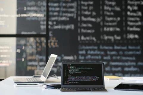 Laptop with computer codes in the classroom Foto stock
