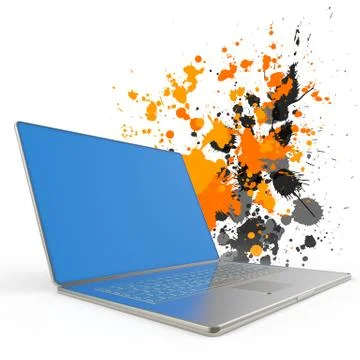 Laptop computer with color splash background Stock Illustration