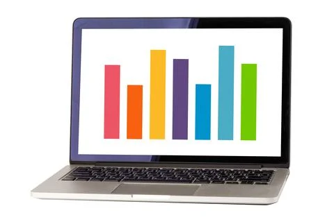 Laptop computer with colorful bar chart graph isolated on white background .. Stock Photos
