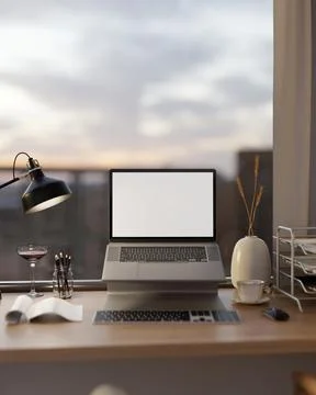 A laptop computer on a computer stand on a desk against the window with cit.. Illustrazione stock