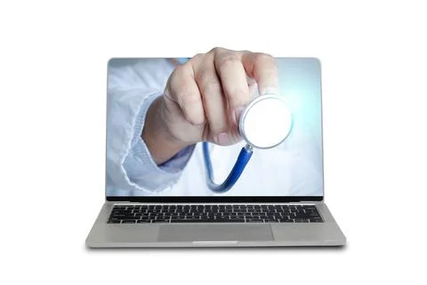 The laptop computer concept is connected to the communication through online Stock Photos