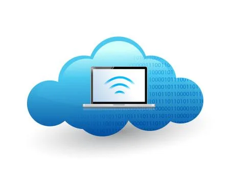 Laptop computer connected to a cloud via wifi 스톡 일러스트
