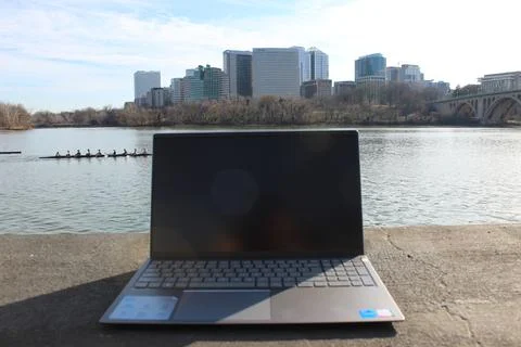 Laptop Computer Crew Team Rowing Background Rosslyn Skyline Stock Photos