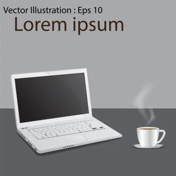 Laptop computer with cup of coffee background, with copy space. Stock Illustration