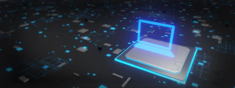 Laptop computer with dark technology concept background. Stock-Illustration