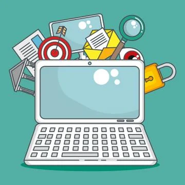 Laptop computer with data center icons 库存插图
