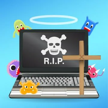 Laptop computer dead by virus infected vector Stock Illustration
