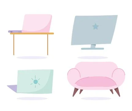Laptop computer desk and sofa decoration work icons set Stock Illustration