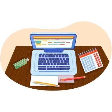 Laptop computer on desk table workspace top view Иллюстрация