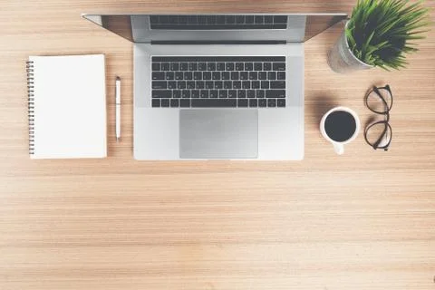 Laptop computer desk on top view in retro color style Stock Photos