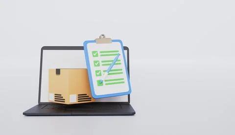 Laptop computer device with checklist and cardboard box or parcel box icon Stock Illustration
